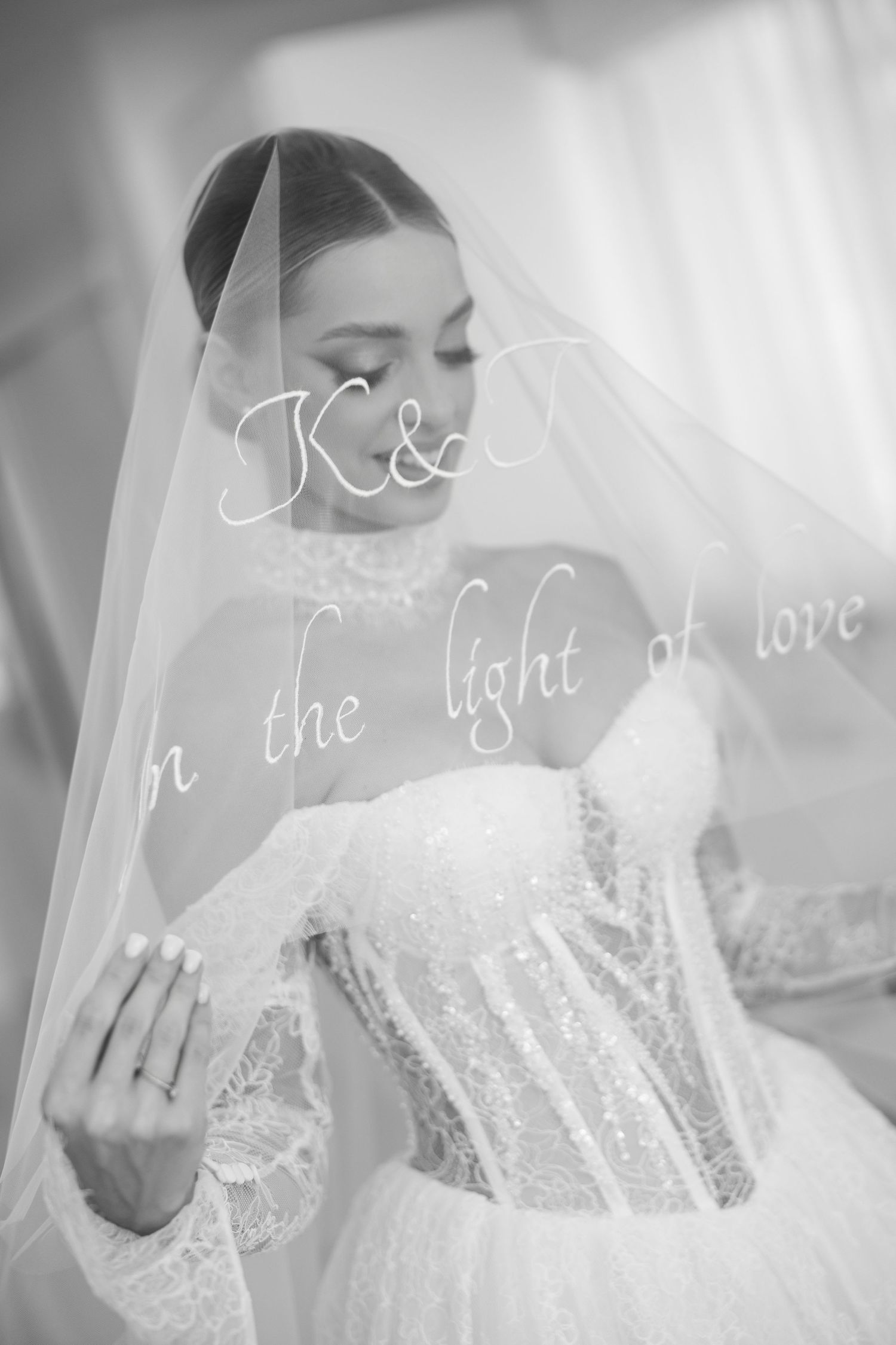 Elegant wedding dress details with sparkling sequins and flowing veil in soft natural light.