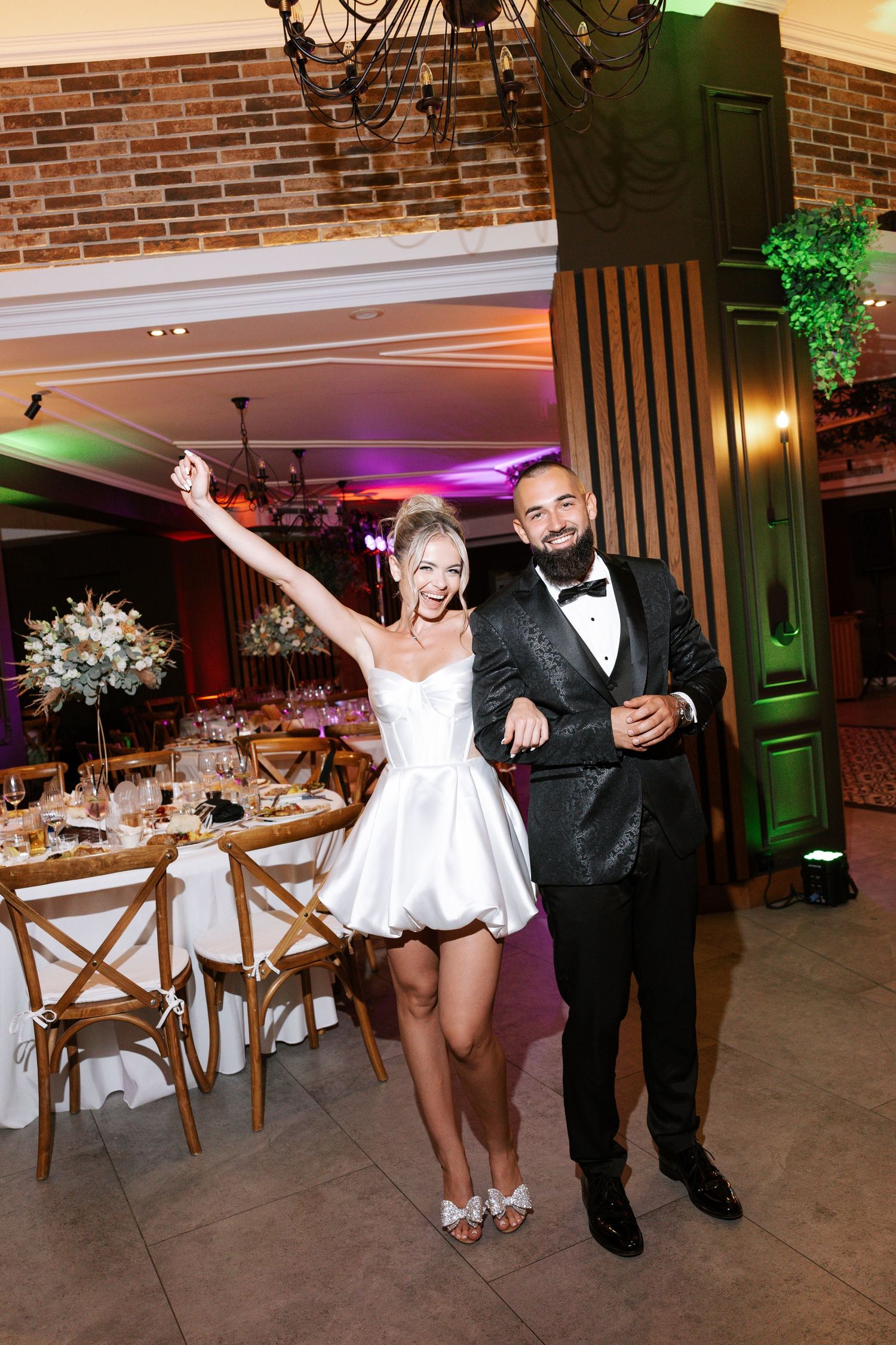 A sequence of wedding reception dance photos showing guests enjoying themselves on an elegant brick-walled dance floor.