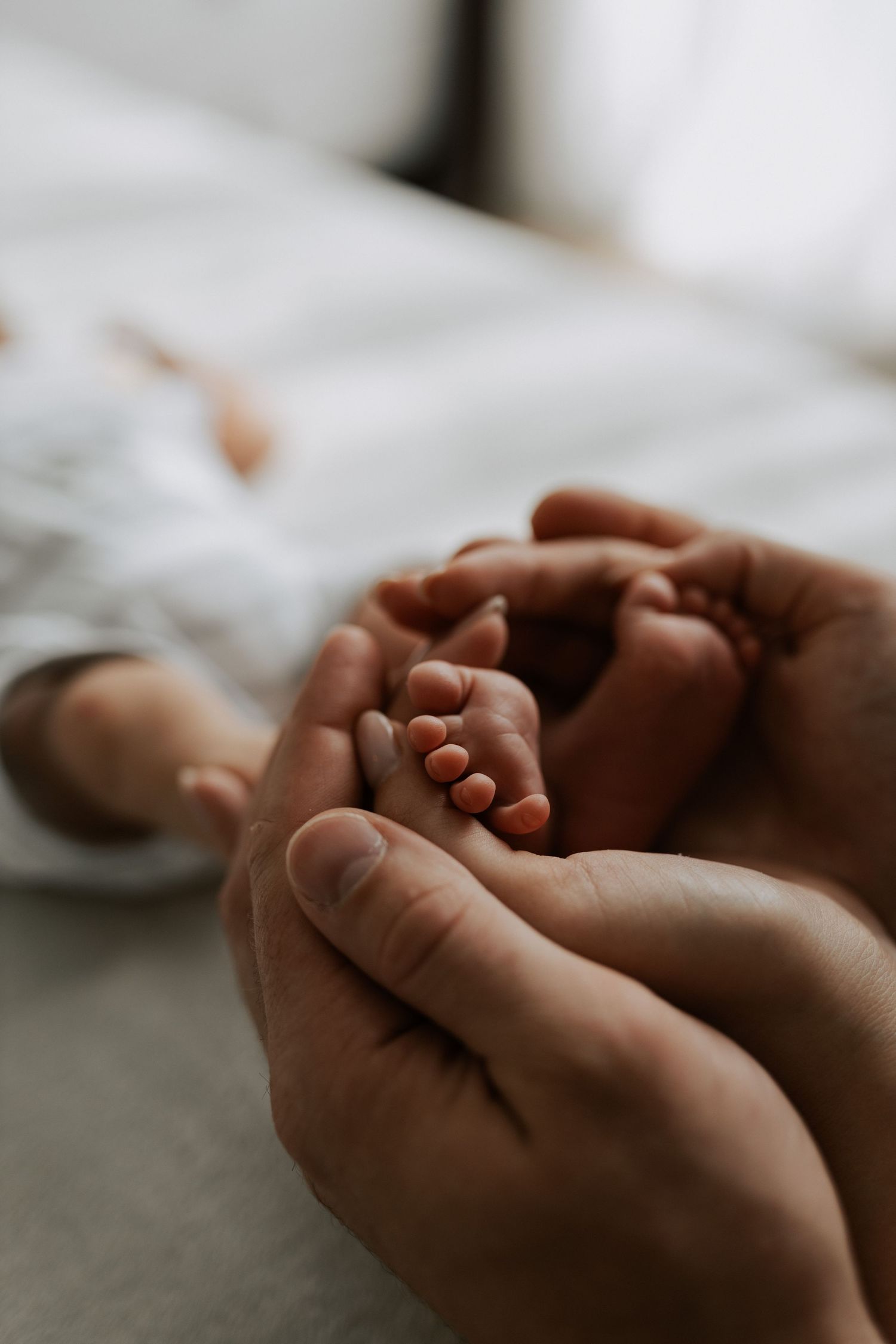 Close-up view of gentle hands cradling tiny newborn baby feet against a soft white background.
