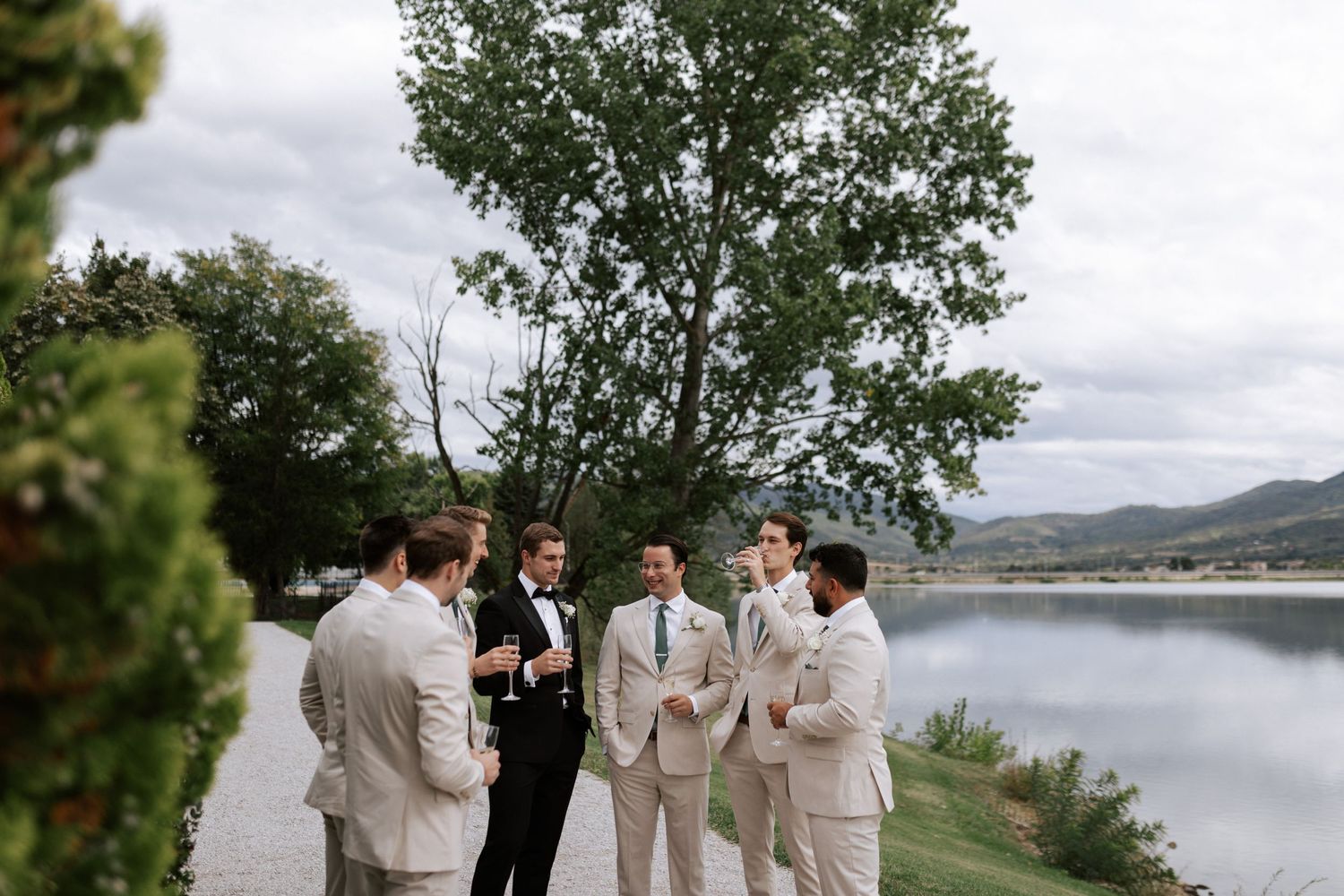 Wedding party in light suits gathered by lakeside with mountains in background.