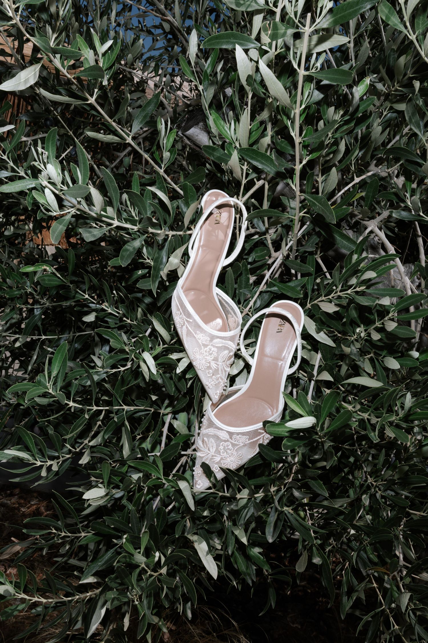White lace wedding shoes displayed against green foliage background in artistic arrangement.