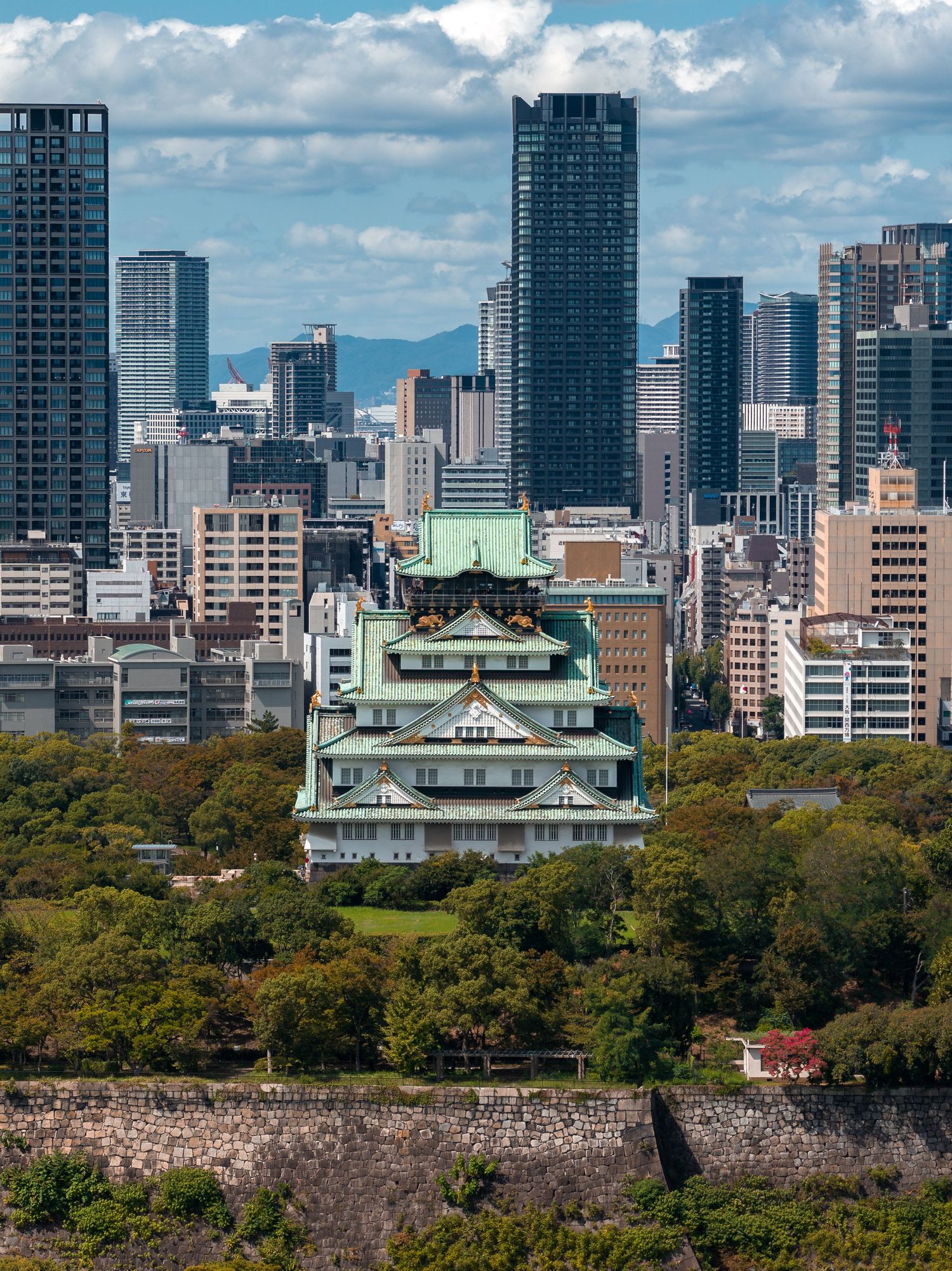 Modern skyscrapers and office buildings rise above Osaka Castle Park's green trees and stone walls on a cloudy day.