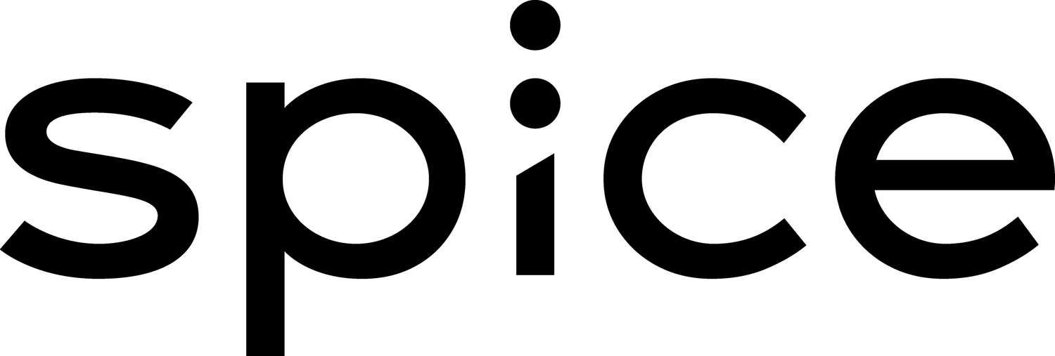 Black text logo for 'spice' with stylized dots over the letter i.