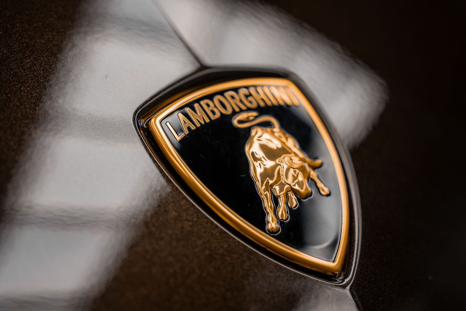 Dramatic close-up shots of the iconic Lamborghini bull shield emblem in gold and black.
