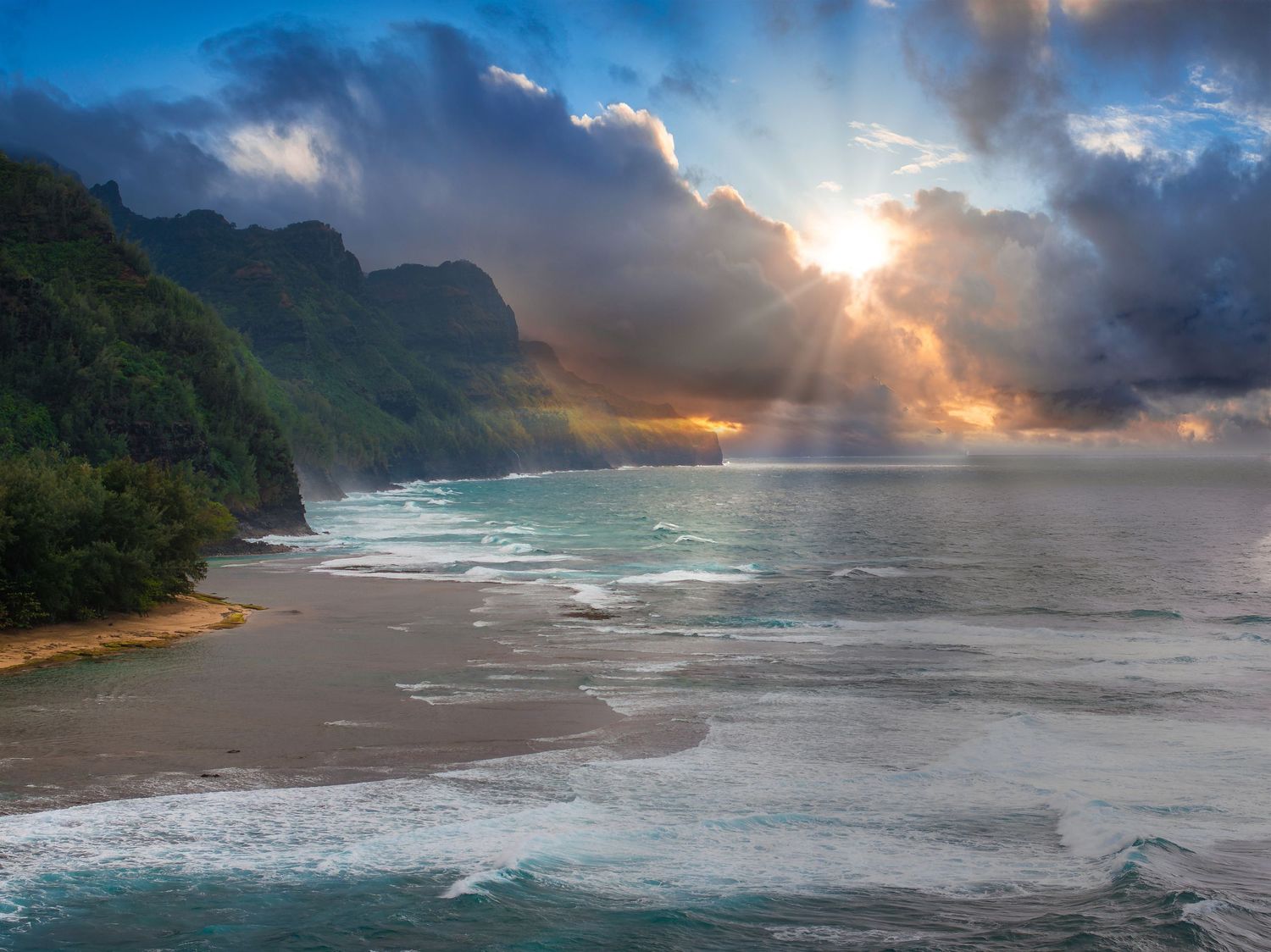 Dramatic coastal seascape with stormy clouds and sunlight breaking through over crashing waves.