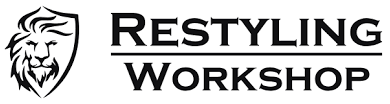 Black and white restyling workshop logo with lion head design.