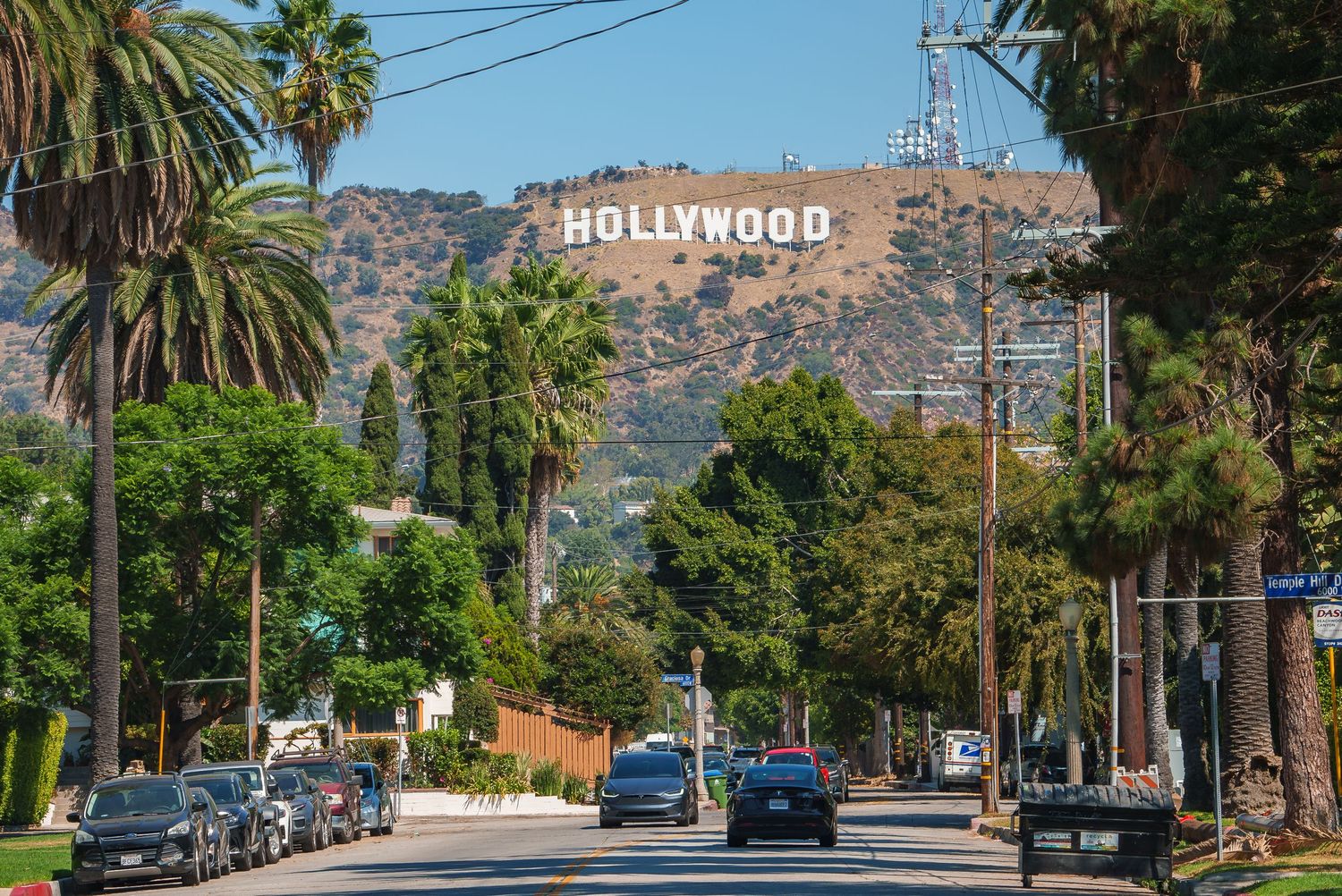 Iconic Hollywood sign visible on hillside with palm trees lining a Los Angeles street.