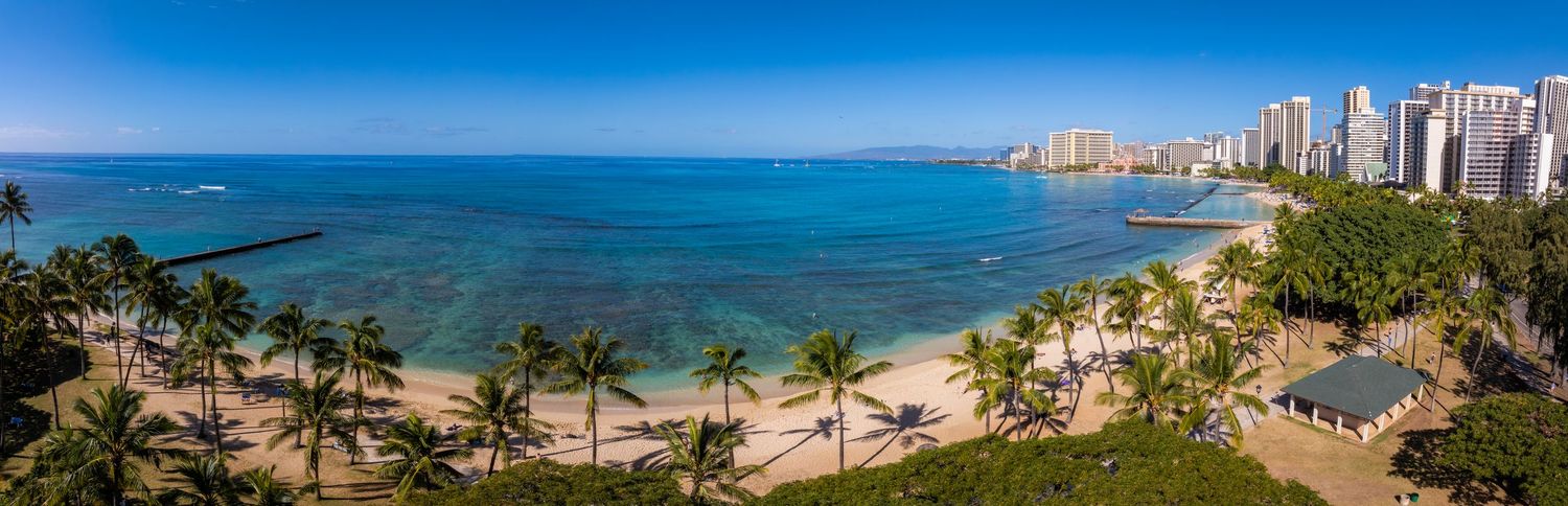 Aerial view of Waikiki Beach with palm trees and oceanfront hotels in Hawaii.