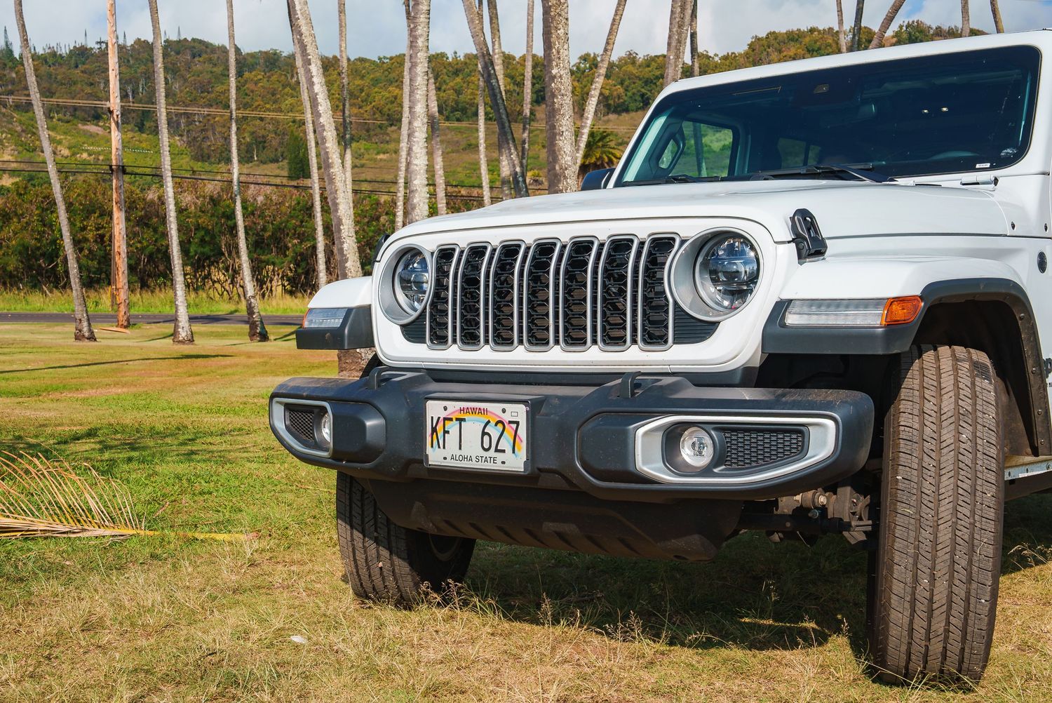 Close-up view of white Jeep Wrangler front grille and headlights against tropical backdrop.