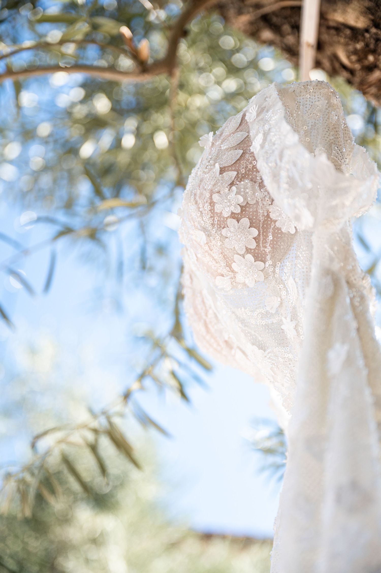 Close-up of bridal gown featuring floral lace, with a backdrop of trees and blue sky.
