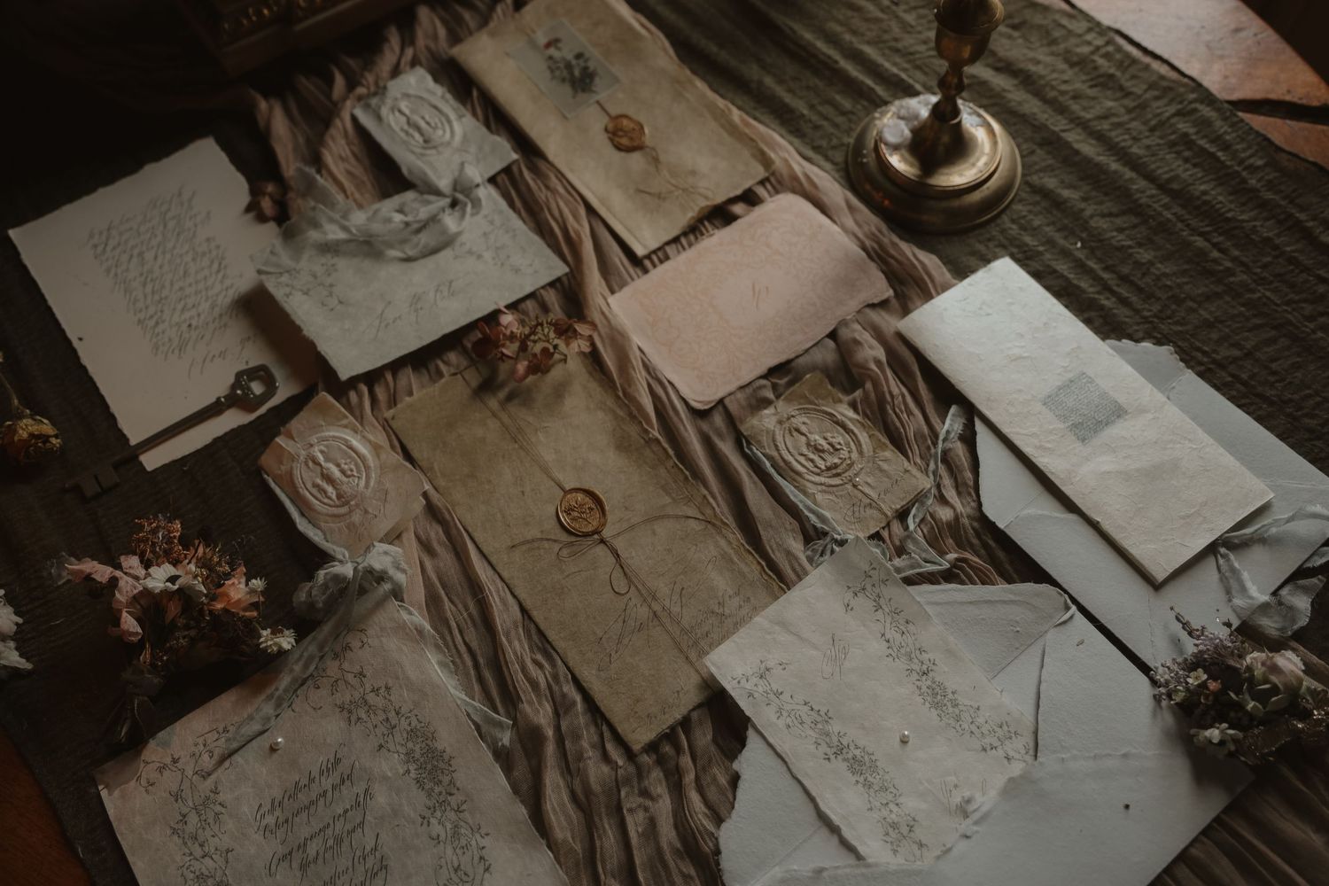 Vintage wedding stationery with wax seals, handwritten letters, and dried flowers on draped fabric.