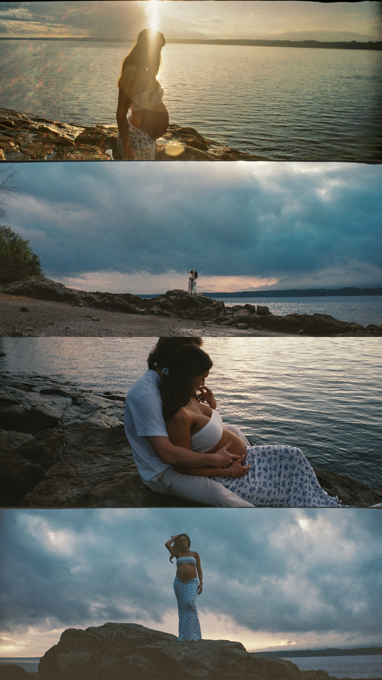A pregnant woman and her partner share a tender moment on rocky shores during a golden sunset by the water.