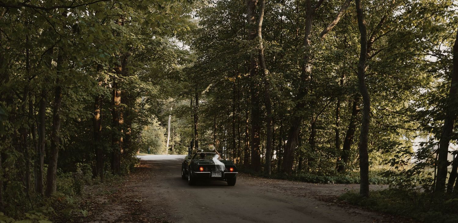 Classic vintage convertible car driving down a tree-lined forest road during a wedding celebration.