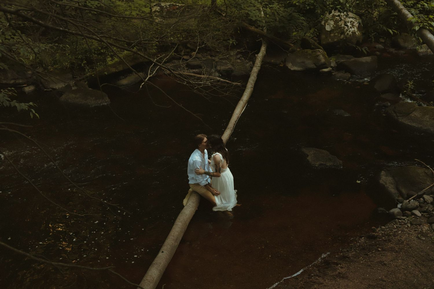 Couple sitting on a fallen log over a forest creek, surrounded by lush green trees and rocks.