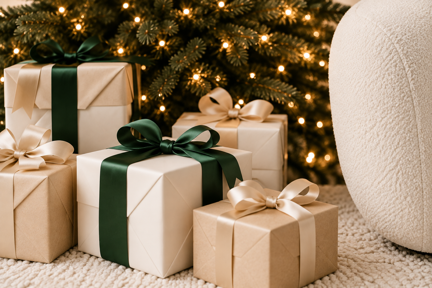 Elegant Christmas gifts wrapped in kraft paper with gold and green ribbons arranged under a decorated tree with warm lights.