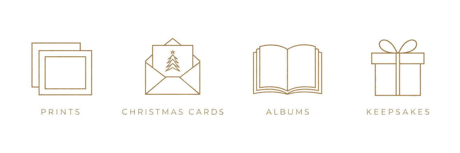 Four gold line icons representing photography products: prints, Christmas cards, albums, and keepsakes gift box.