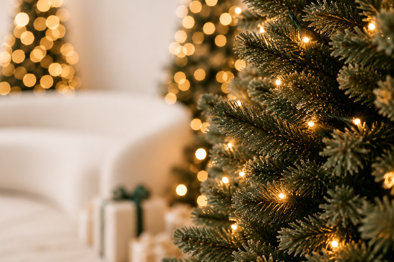 Decorated Christmas tree with warm glowing lights in a cozy living room with gifts and a white sofa in the background.