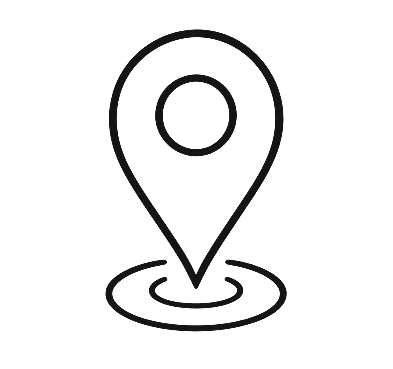 Black outline location pin icon with circular marker and shadow rings on white background.
