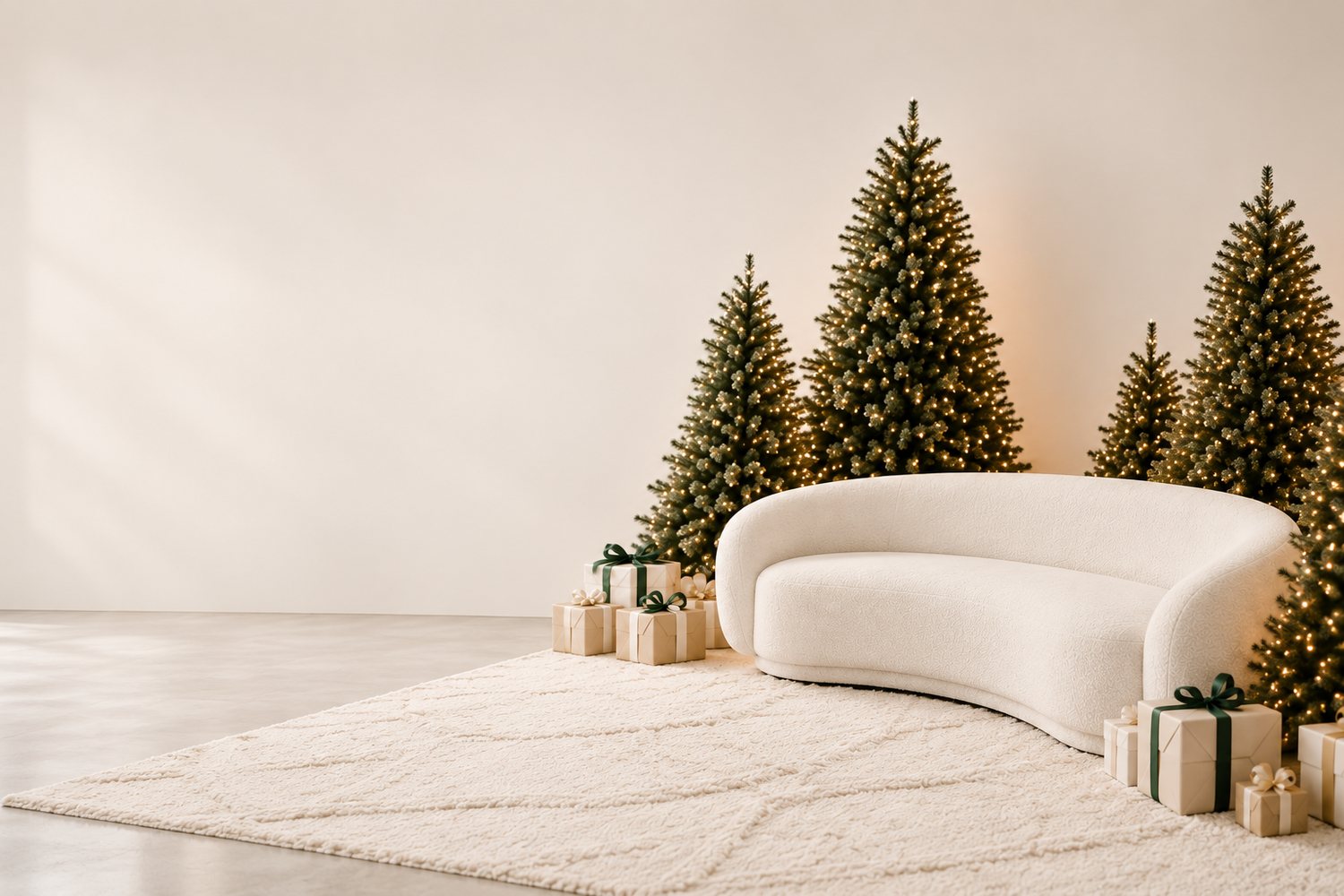 Elegant white curved sofa surrounded by lit Christmas trees and gold gifts on a cream geometric rug in a minimalist room.