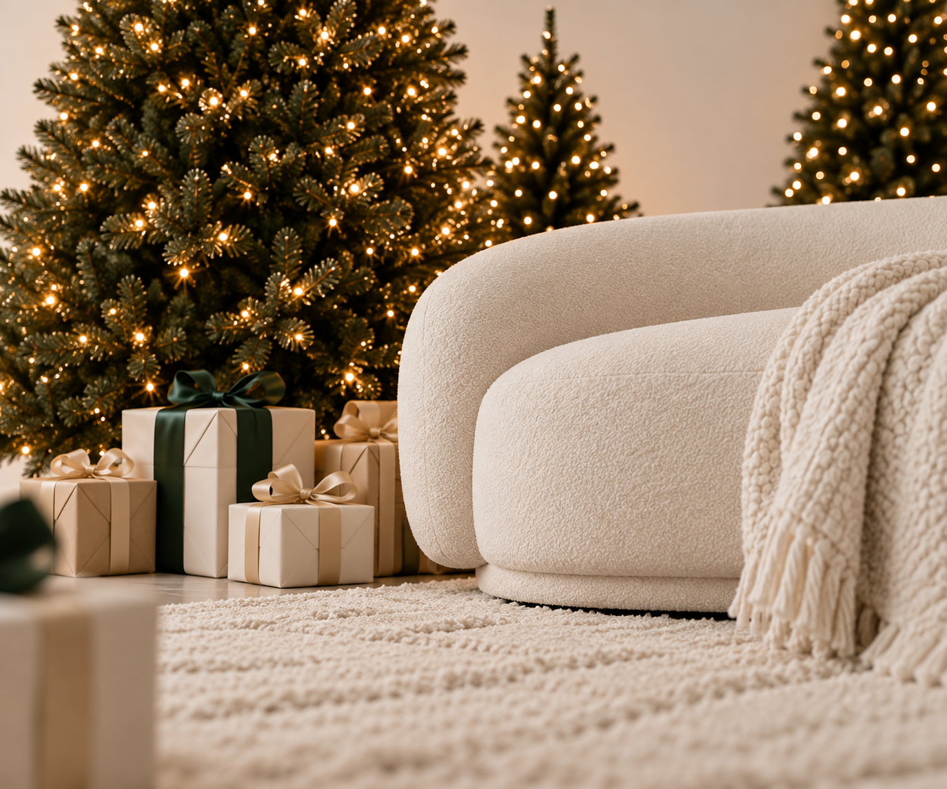 Cozy white boucle chair with knit throw beside lit Christmas trees and wrapped gifts on a plush cream rug.