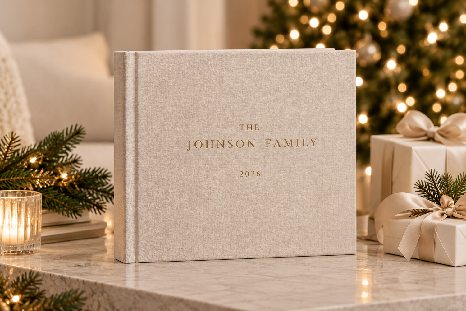 Personalized Johnson Family 2024 linen photo book on marble table with Christmas tree and gifts.