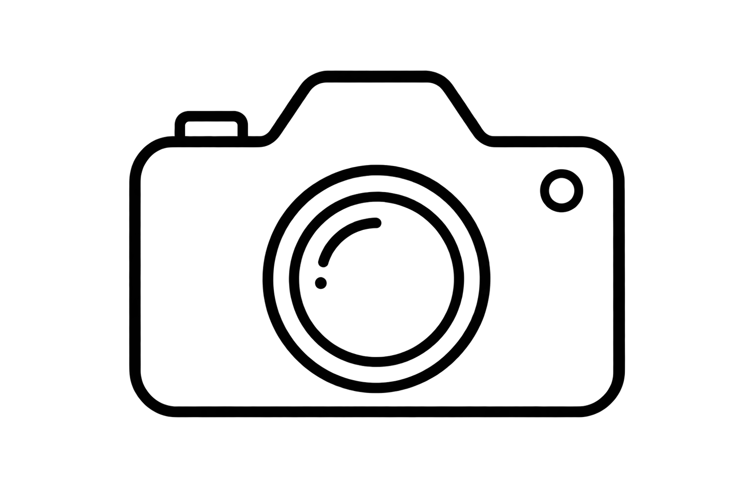 A simple black and white line art icon of a digital camera with a circular lens on a white background.
