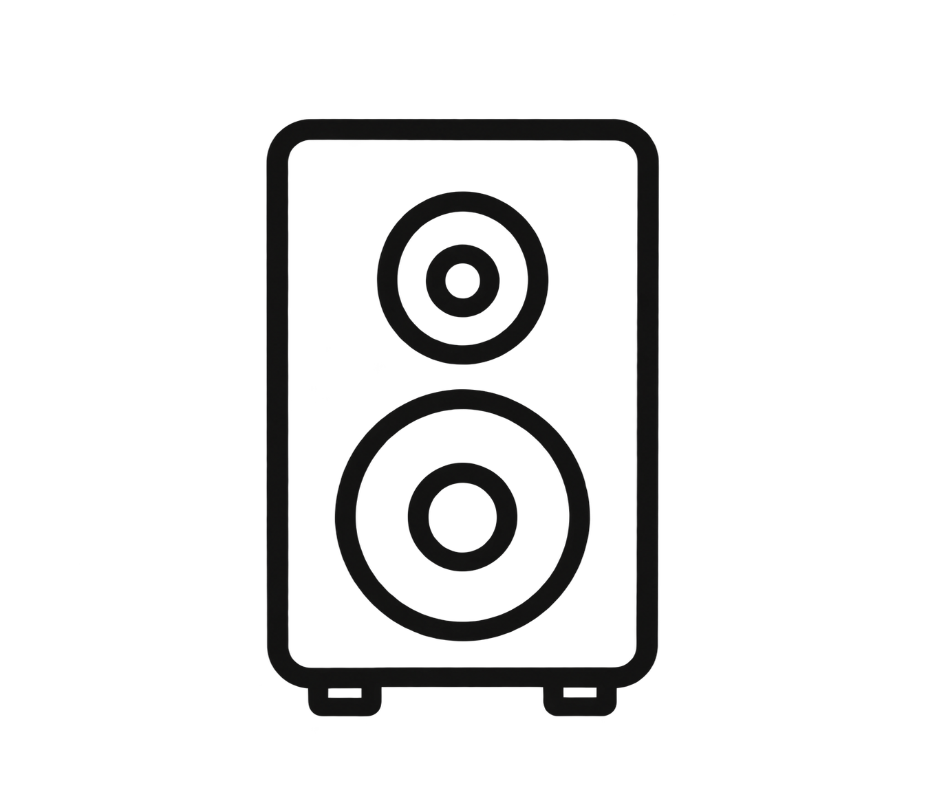 Black outline icon of a stereo speaker with two circular drivers on a white background.