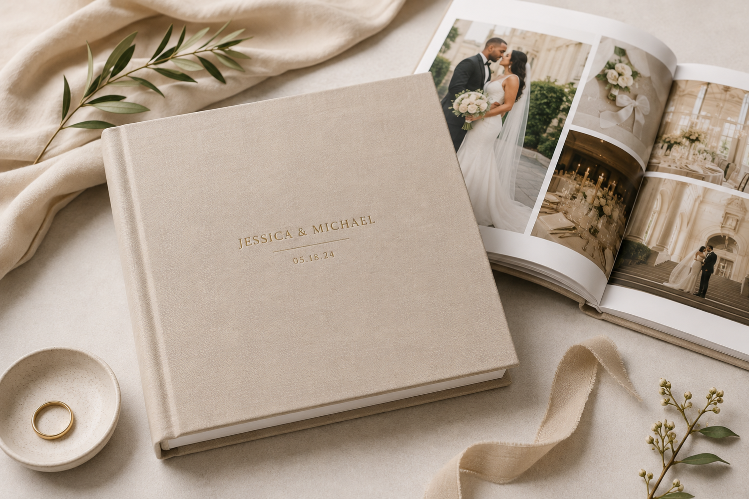 Personalized linen wedding photo album open to show elegant photos, with ribbon and greenery on neutral background.