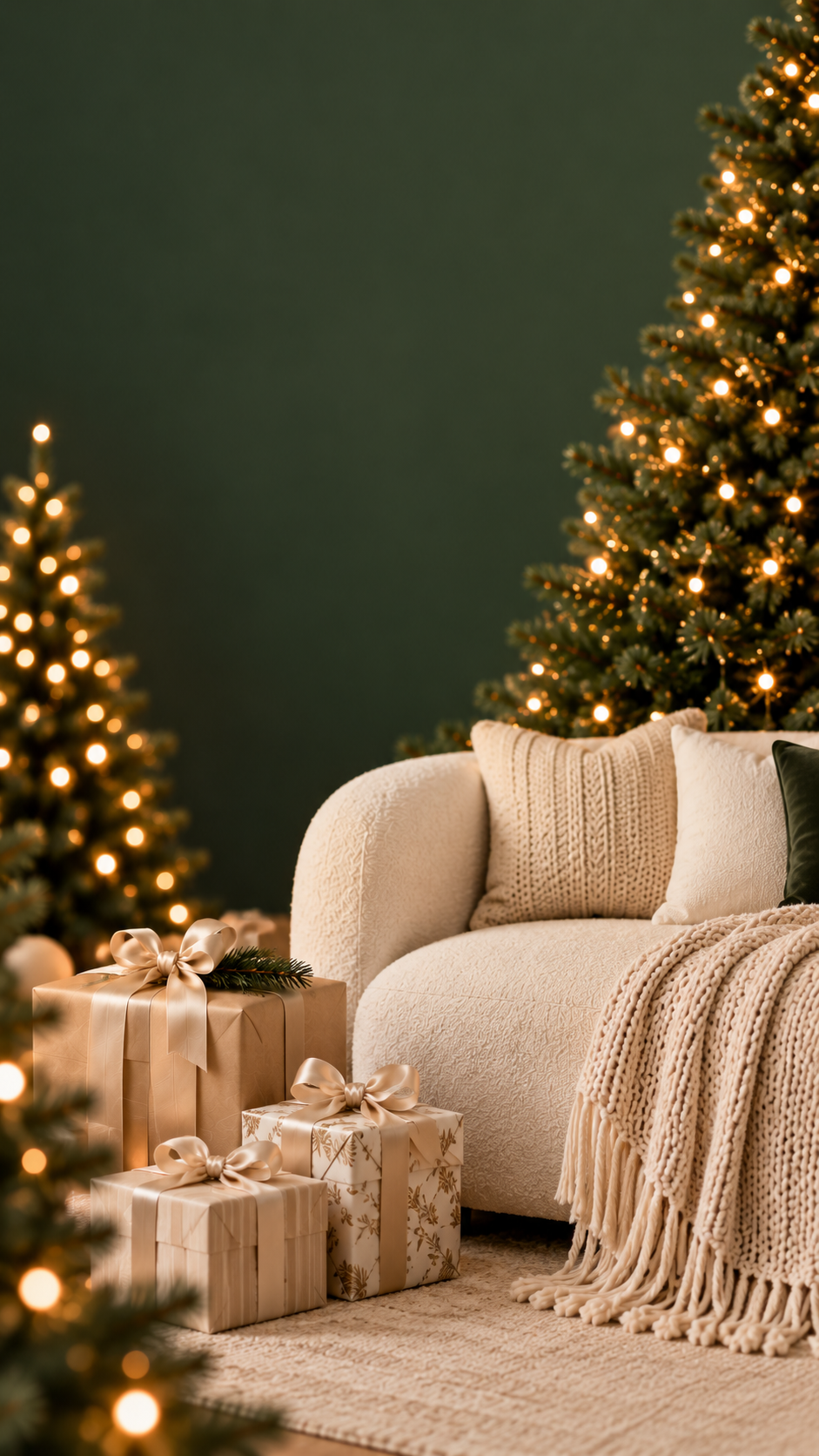 Cozy Christmas living room with lit trees, wrapped gifts, a white armchair, knit throw, and warm fairy lights on green wall.