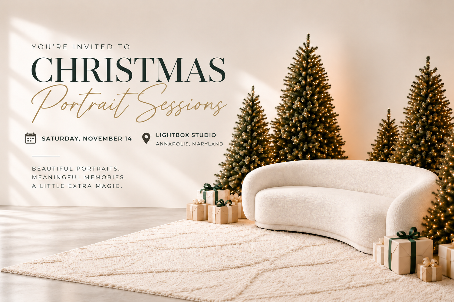Elegant Christmas portrait session invitation with decorated trees, gifts, and a white curved sofa at Lightbox Studio.