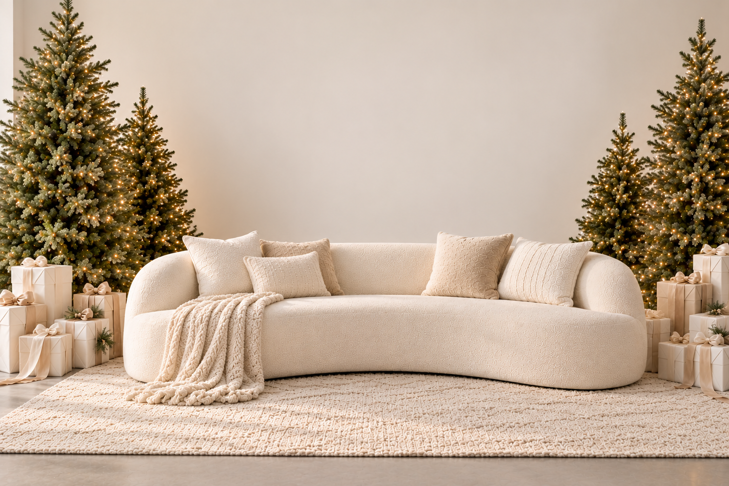 Elegant cream curved sofa with decorative pillows and throw blanket flanked by gold-lit Christmas trees and wrapped gifts.