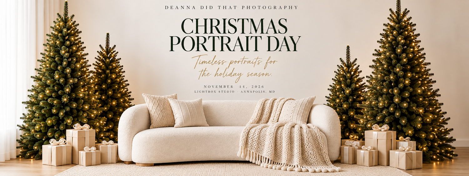 Elegant Christmas portrait day setup with festive trees, wrapped gifts, and a cream sofa in a warm holiday studio setting.