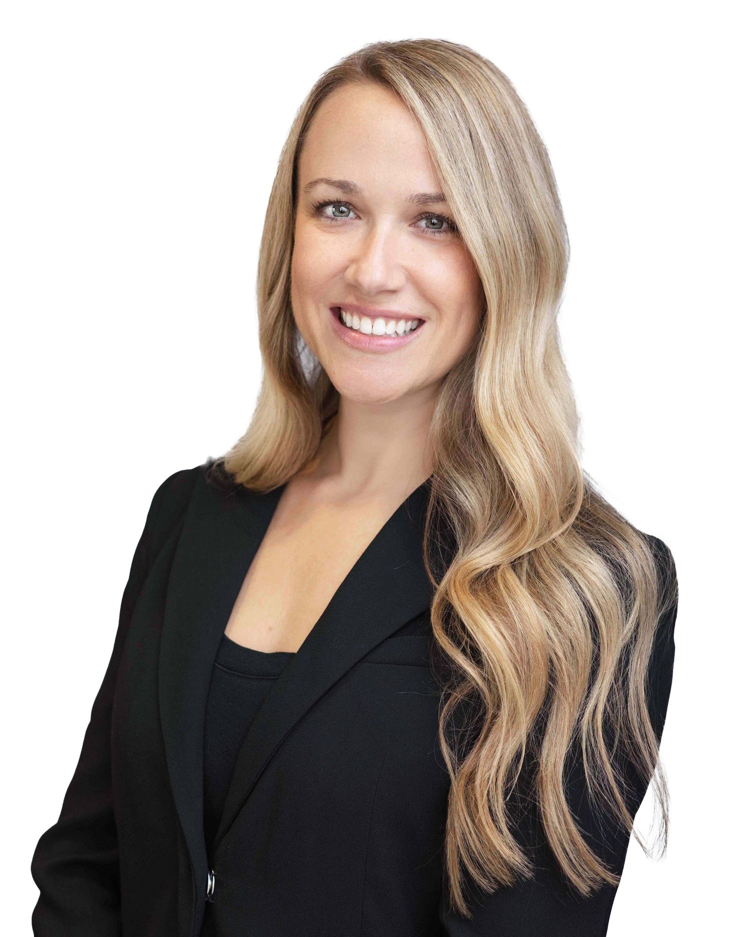 Professional portrait series against white background in black business attire.