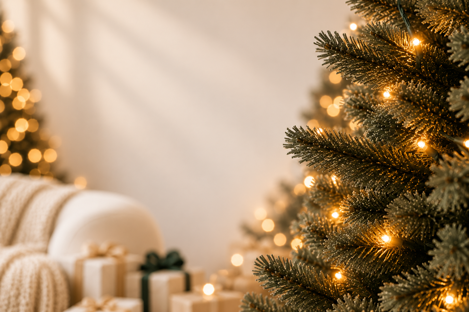 Decorated Christmas tree with warm glowing lights beside wrapped gifts in a cozy white living room.