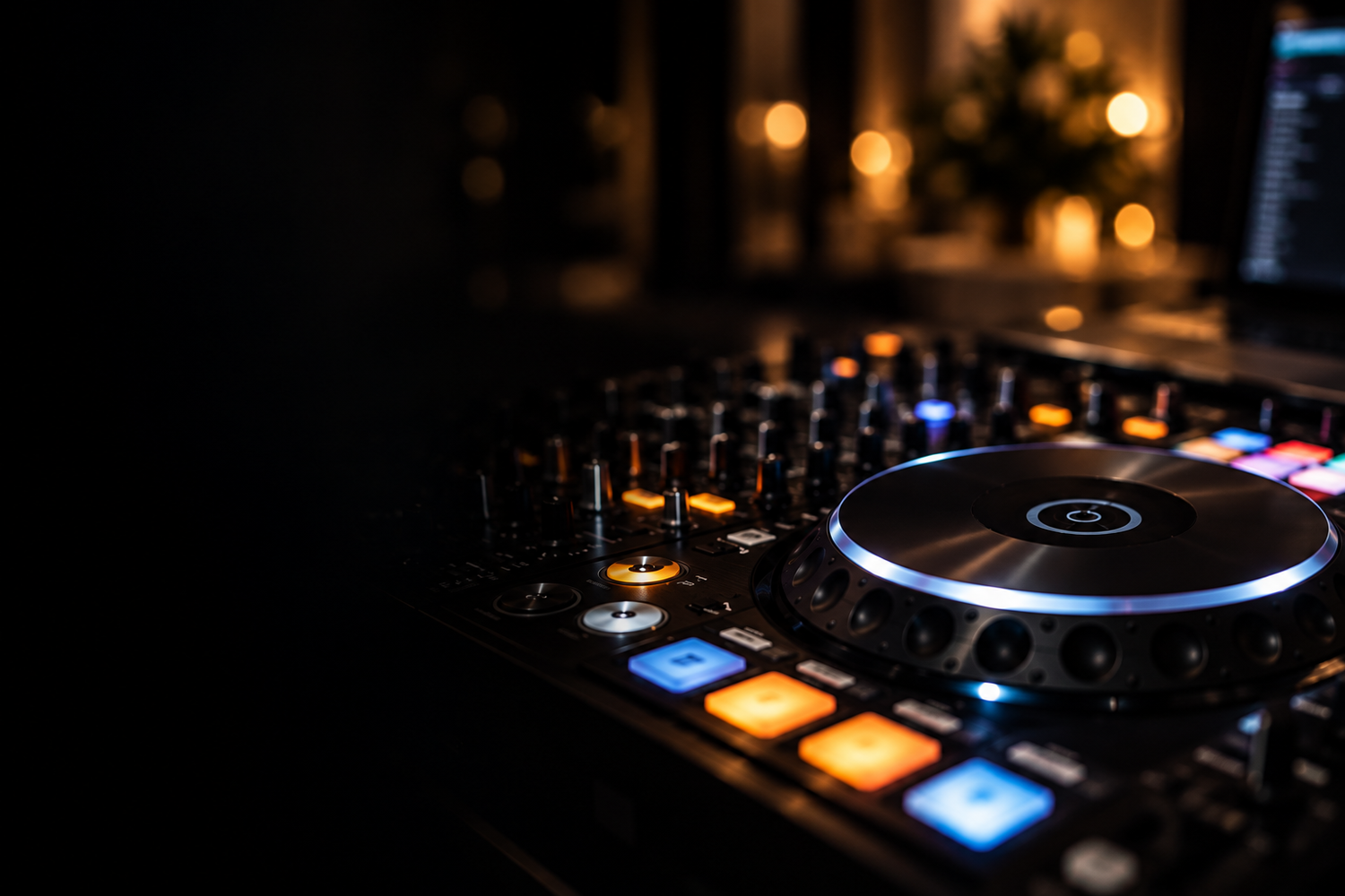 Illuminated DJ controller with glowing orange and blue buttons on a dark background with bokeh lights.