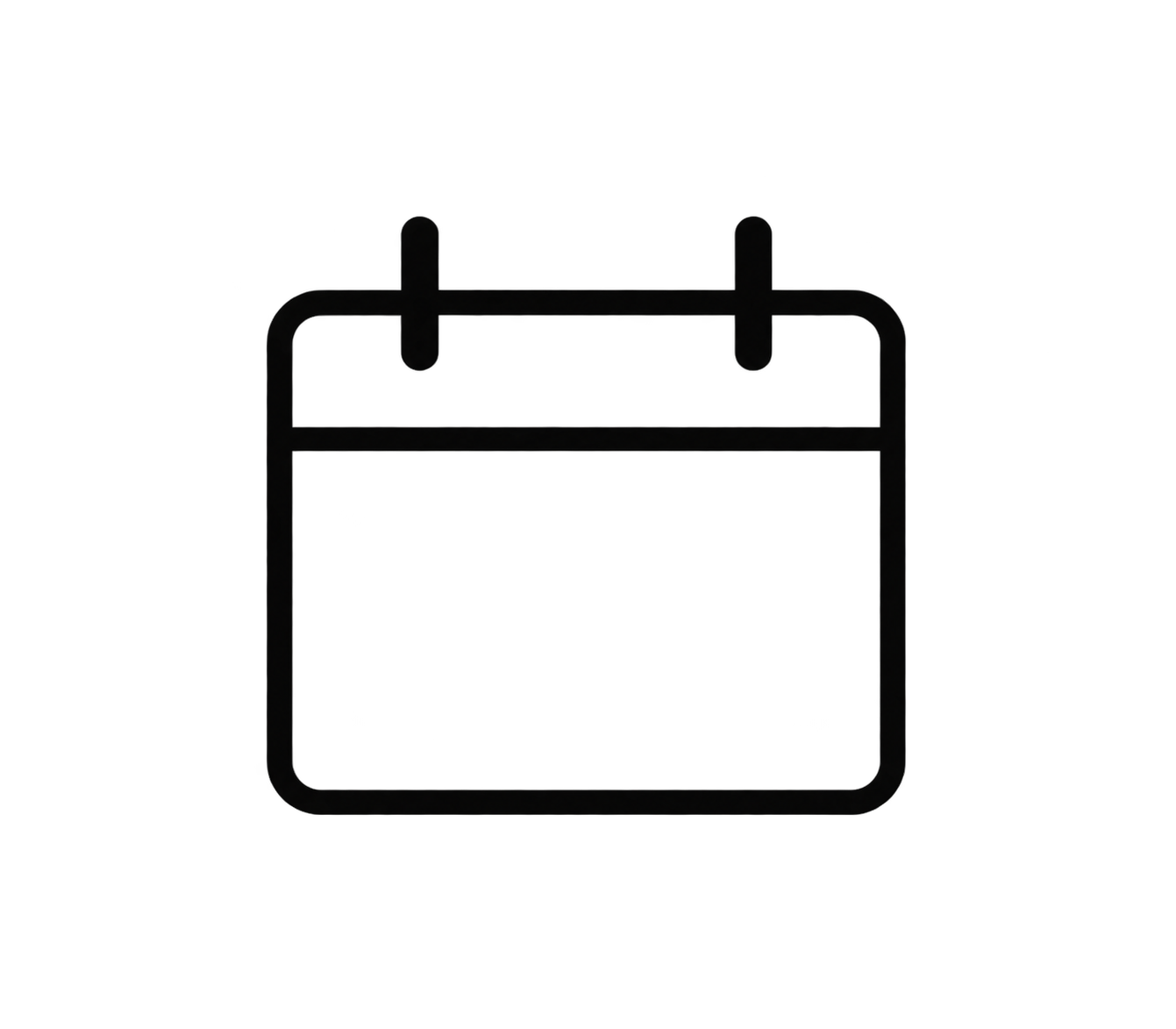 Minimalist black and white calendar icon with rounded corners and two binding rings at the top.