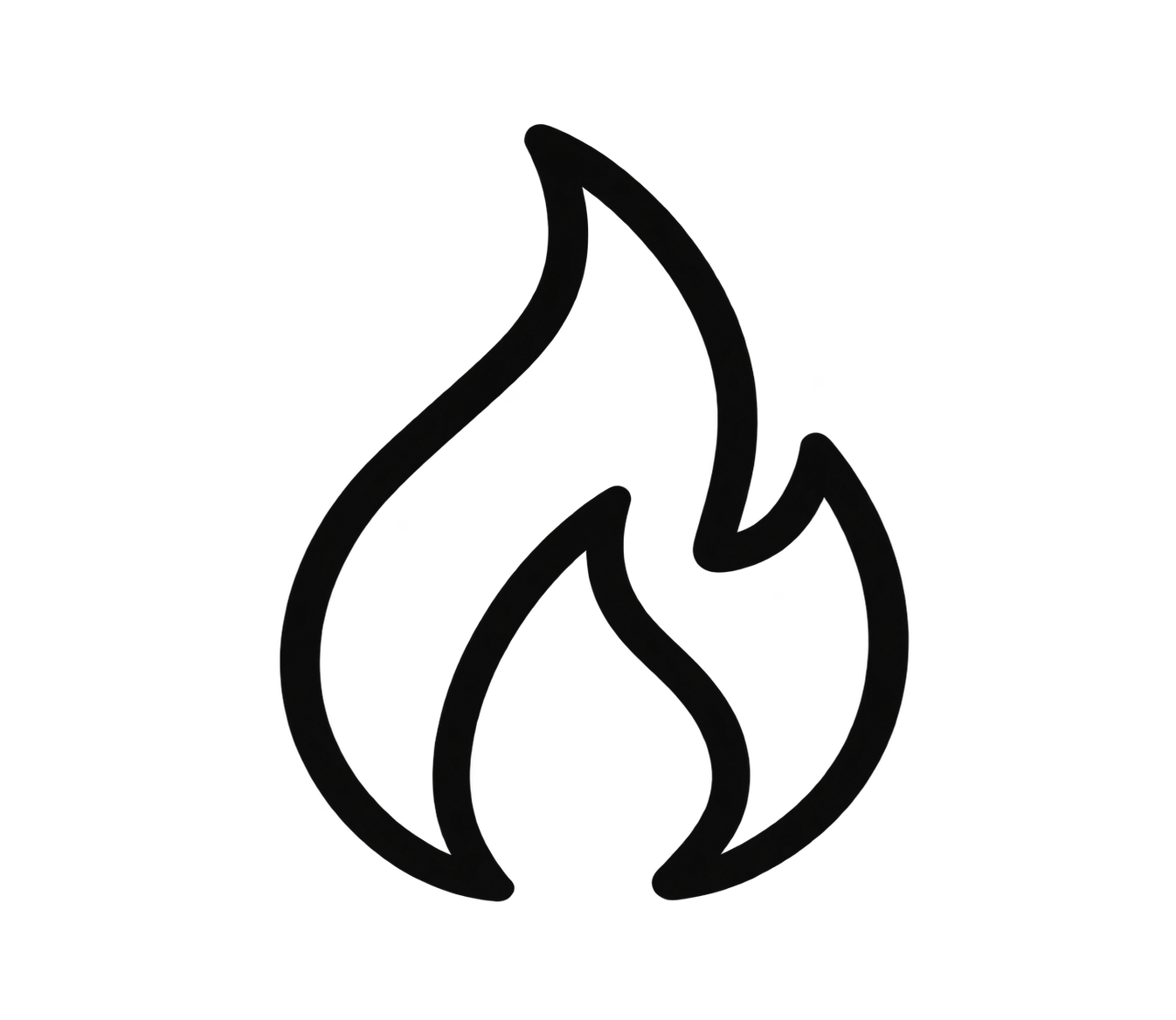 Black outline flame icon on white background, symbolizing fire, heat, or energy for web and app design.
