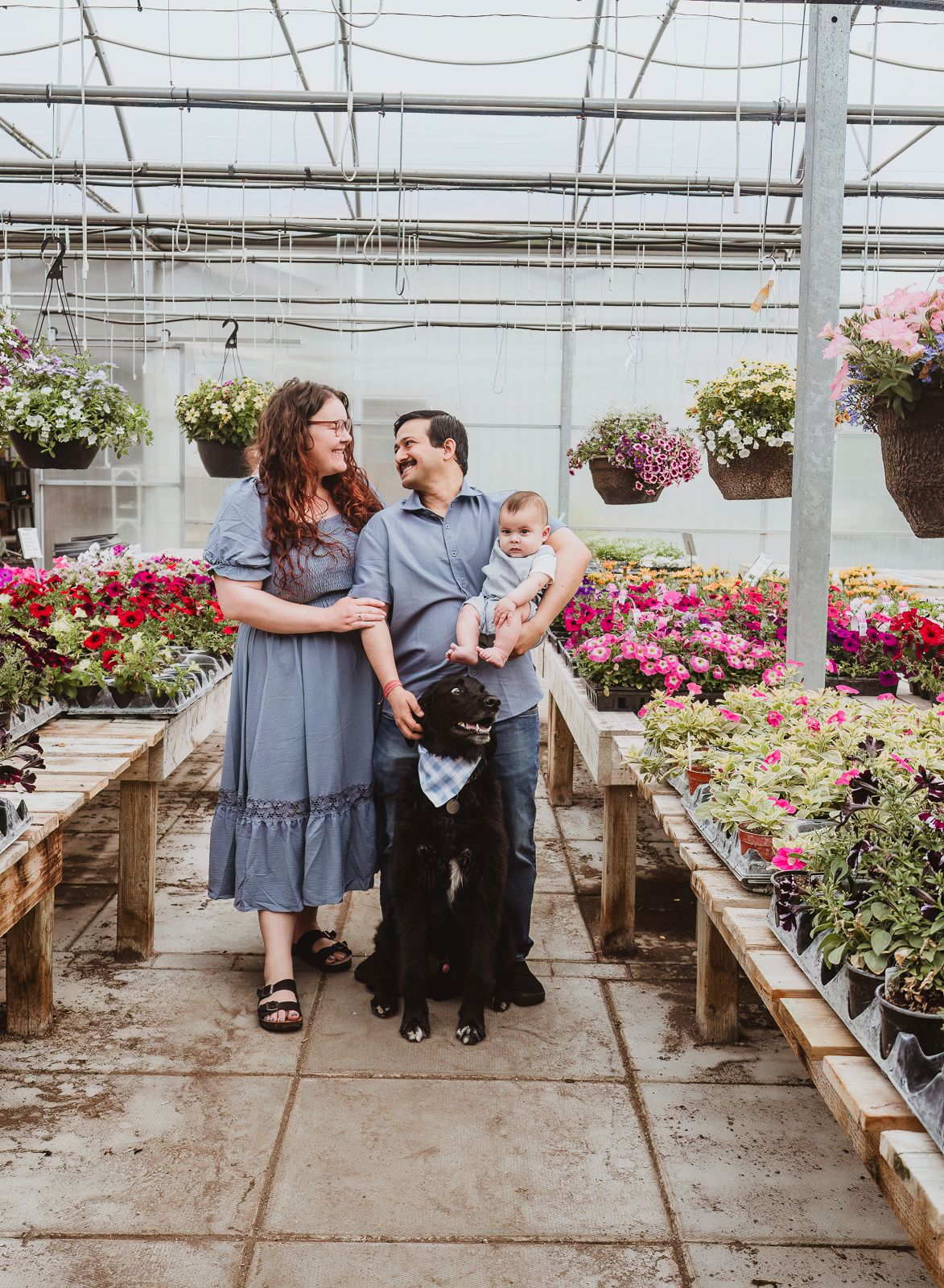 Family walking through a greenhouse during a natural light family photography session near Spruce Grove.