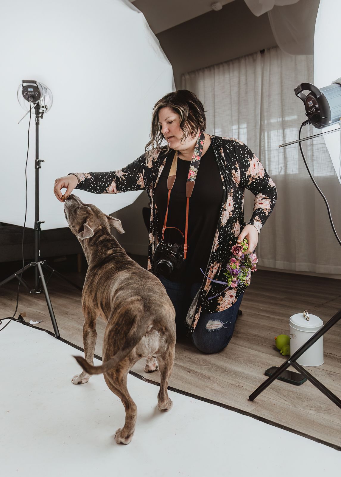 Edmonton pet photographer interacting with dog using treats during a fun and relaxed photography session