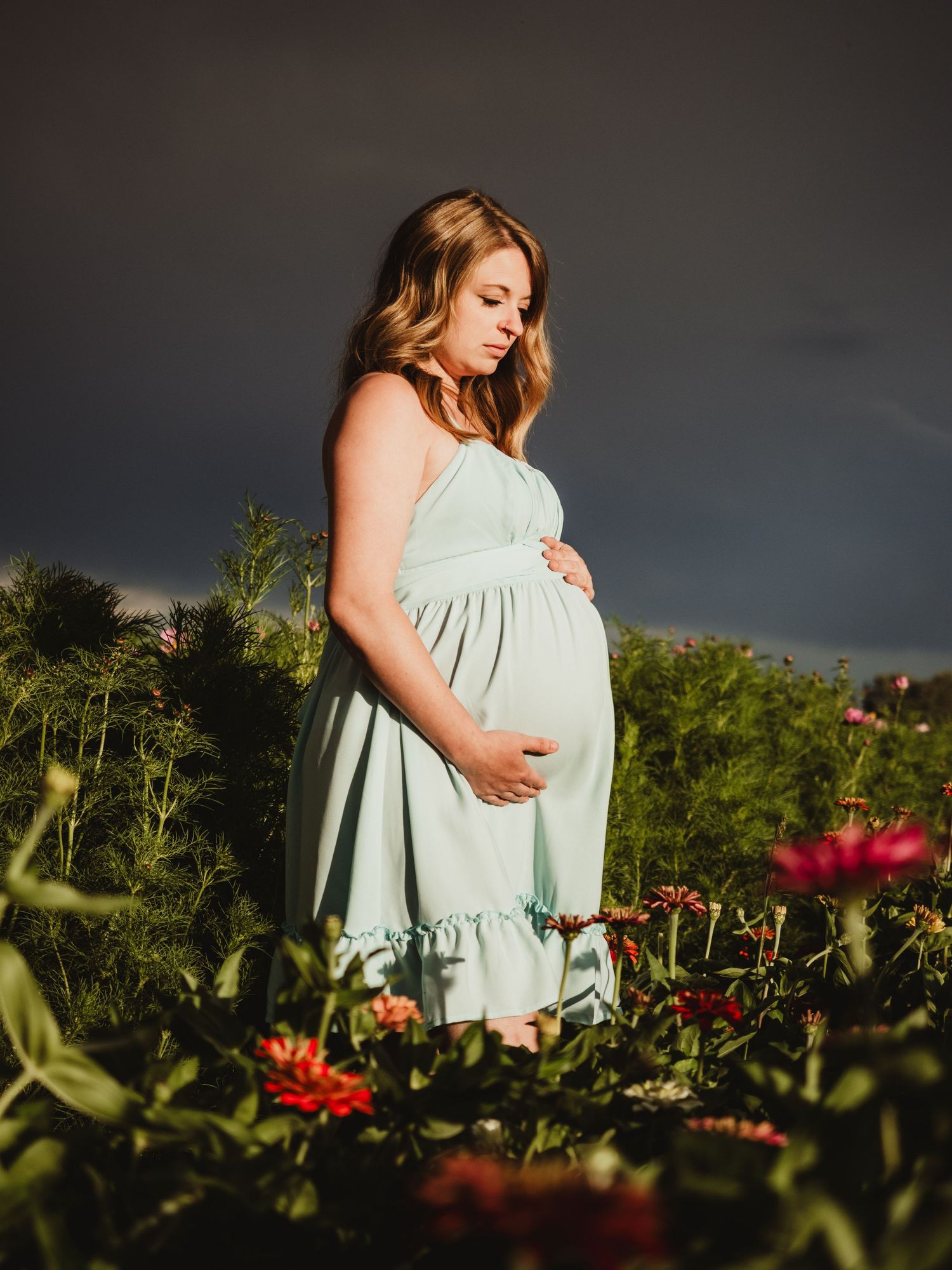 Maternity session in wildflower field at sunset