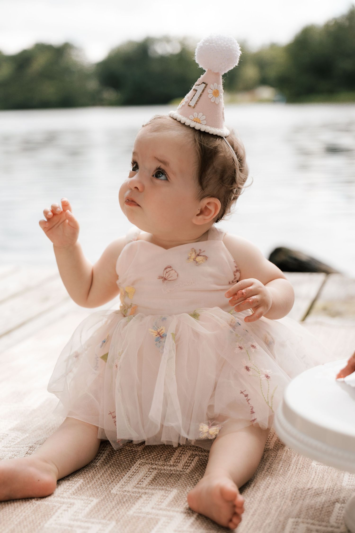 Baby girl in pink tutu dress and birthday hat sits on dock by lake.