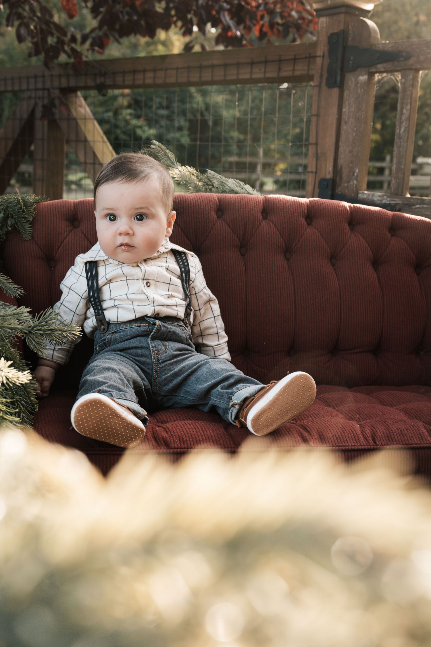 Adorable baby boy in plaid shirt and suspenders sitting on a tufted red velvet sofa outdoors.