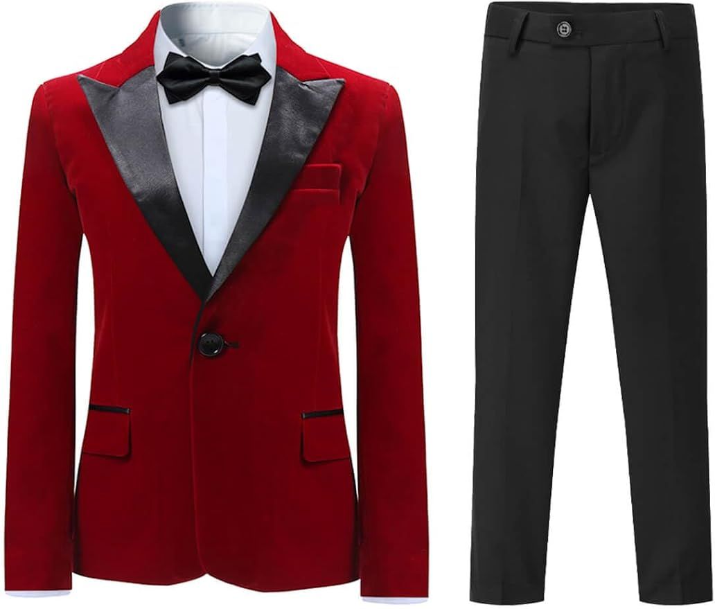 Red velvet tuxedo jacket with black lapels paired with formal black trousers for elegant evening attire.