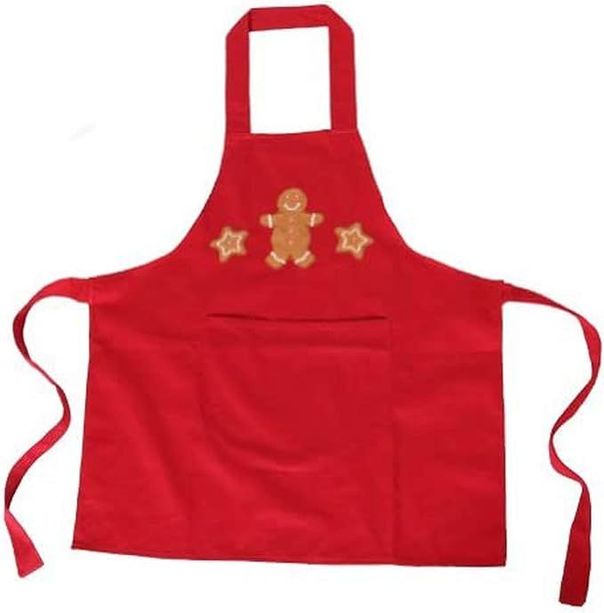 Red holiday apron with gingerbread cookie design and star accents displayed in multiple angles.