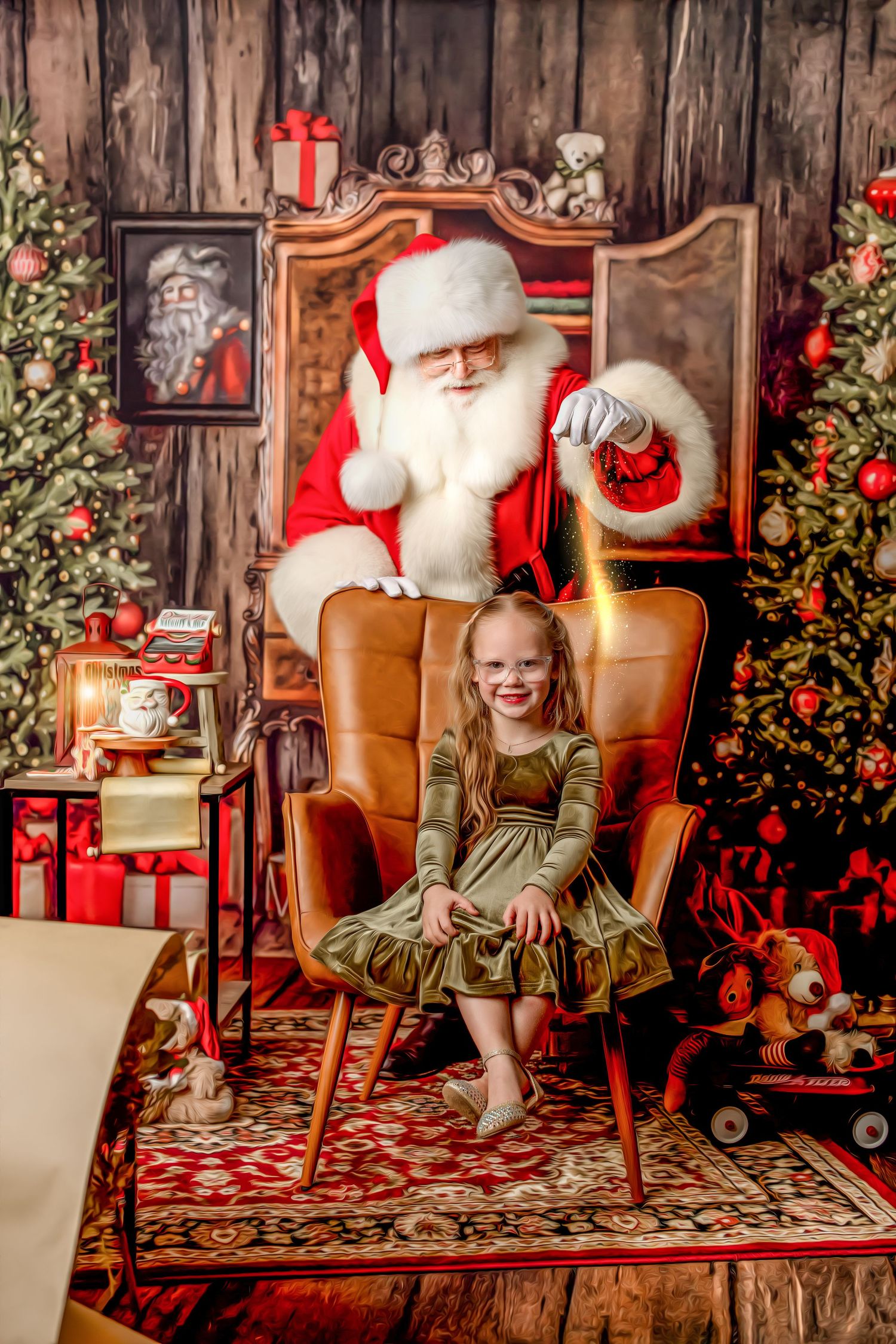 Cozy Christmas scene with leather armchair, decorated trees, and Santa holding a vintage lantern.