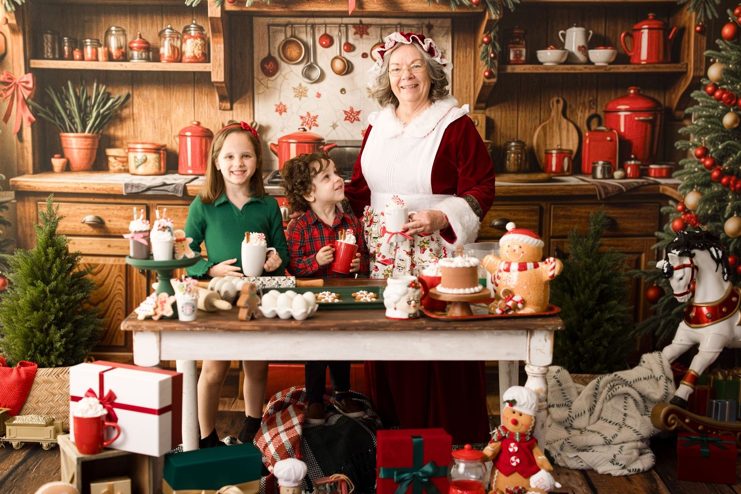 Rustic Christmas decor display with vintage toys, red ornaments, and festive holiday decorations on wooden shelves.