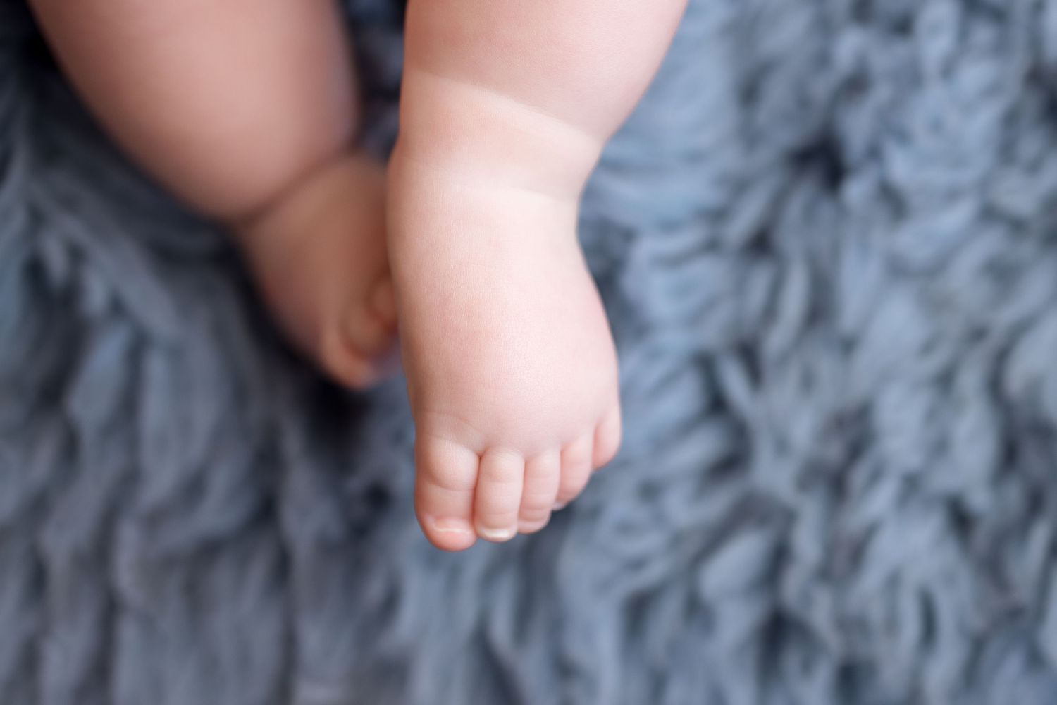 Close-up view of tiny baby feet against a soft gray textured blanket background.