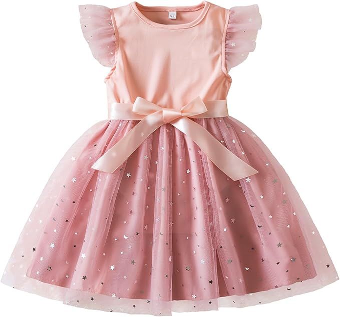 Pink flutter sleeve party dress with sparkly tulle skirt and satin bow for girls features pearl and sequin details.
