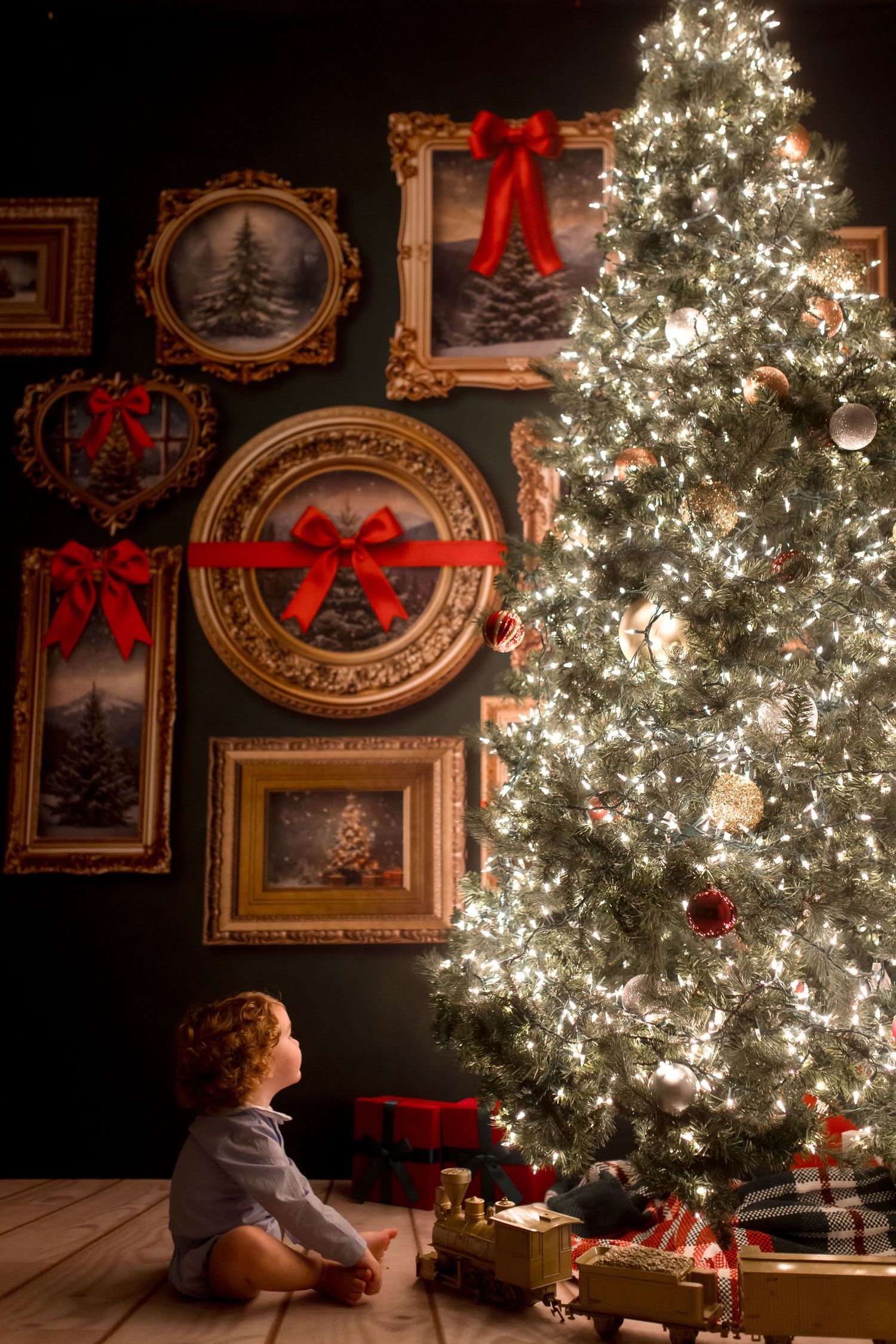 A beautifully decorated Christmas scene with a lit tree, vintage framed artwork, and presents on a wooden floor.