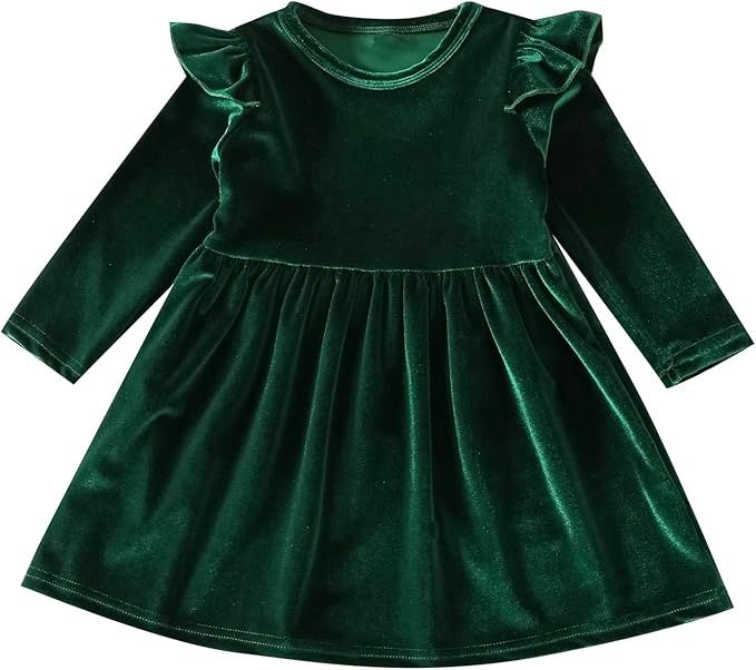 Emerald green velvet baby dress with long sleeves and empire waist design shown from multiple angles.